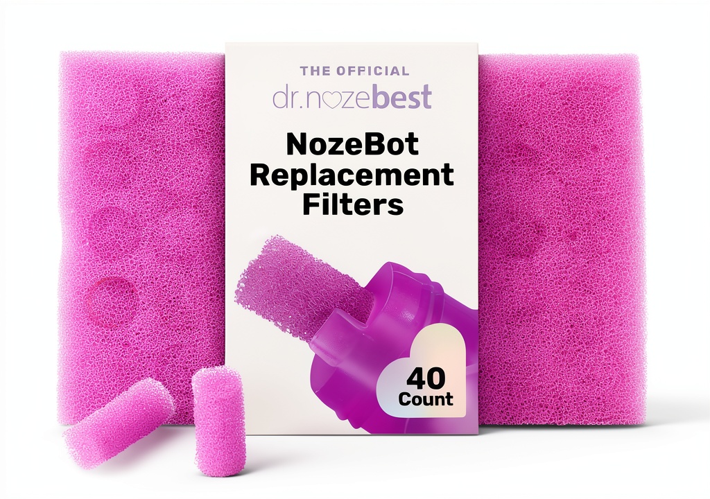Installing Dr. Noze Best Disposable Nasal Aspirator Filters for Baby on a wooden desk