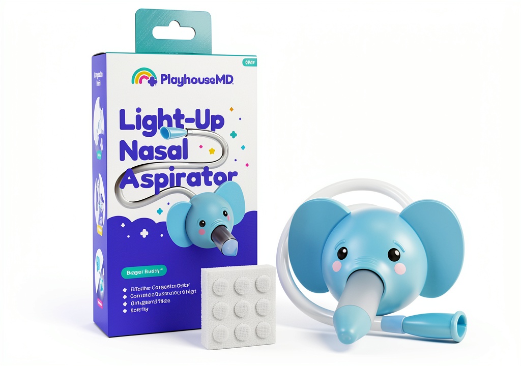 Luna Light Up Elephant nasal aspirator being used on a sleeping baby